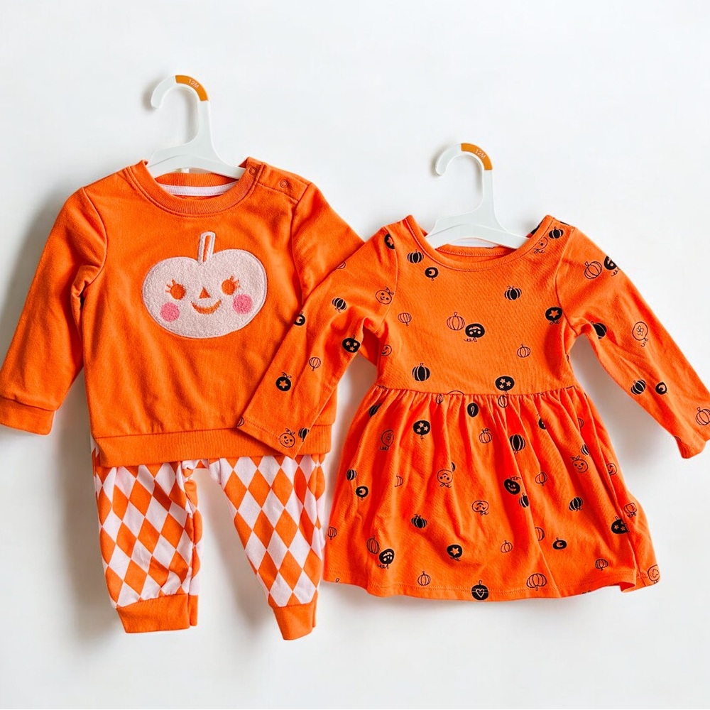 Cat & Jack Baby Halloween Pumpkin Top & Pants Set, Pumpkin Dress 12M NEW